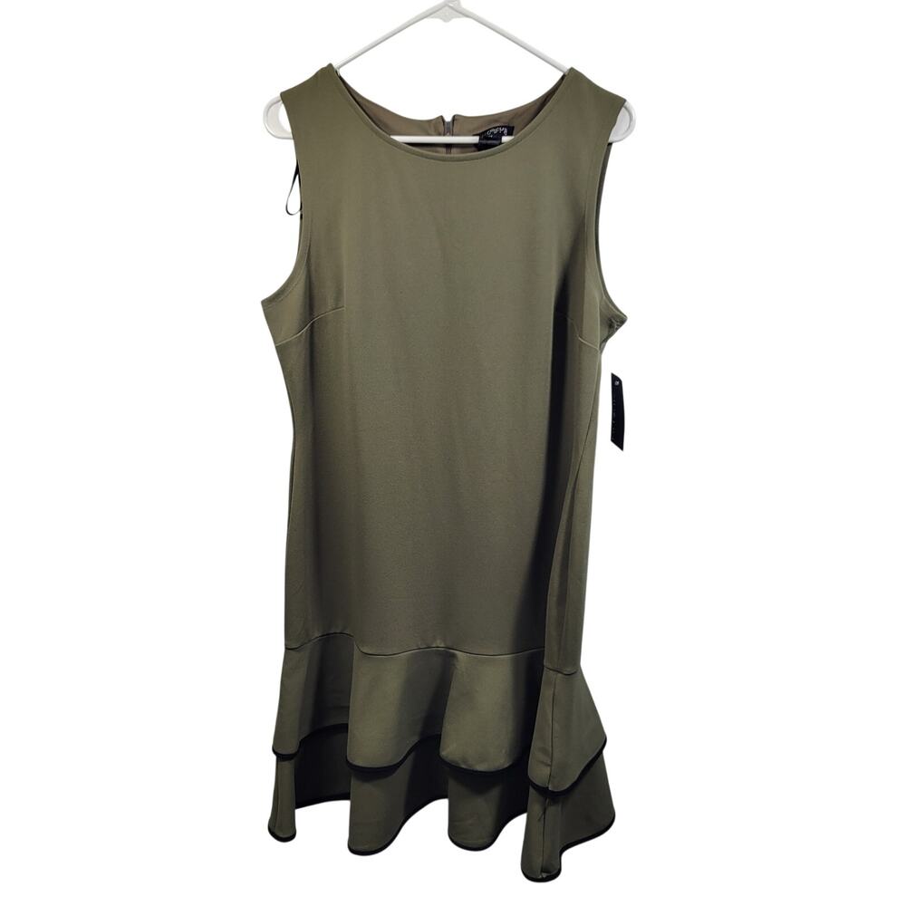 Enfocus Studio Olive Green Dress With Tiered Ruffle Hem Trimmed In Black Size 14